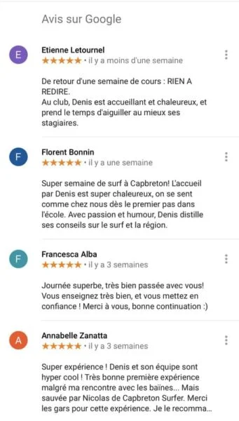 Un extrait des avis Google pour l'école, qui sont extrêmement positifs.