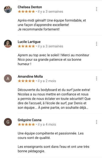 Un second extrait des avis Google pour Capbreton Surfer. Les clients sont très satisfaits.