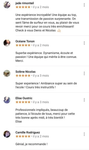 Un troisième extrait des avis clients sur Capbreton Surfer. Les surfeurs sotn ravis de leur expérience.