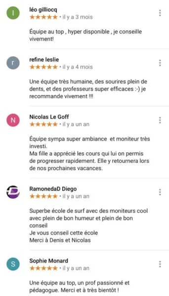 Un quatrième extrait des avis des clients sur Capbreton Surfer. Ils contiennent de nombreux compliments.