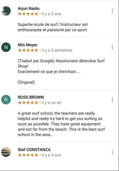 Un cinquième extrait des avis clients sur l'école de surf. Les anciens clients sont contents de leur choix.