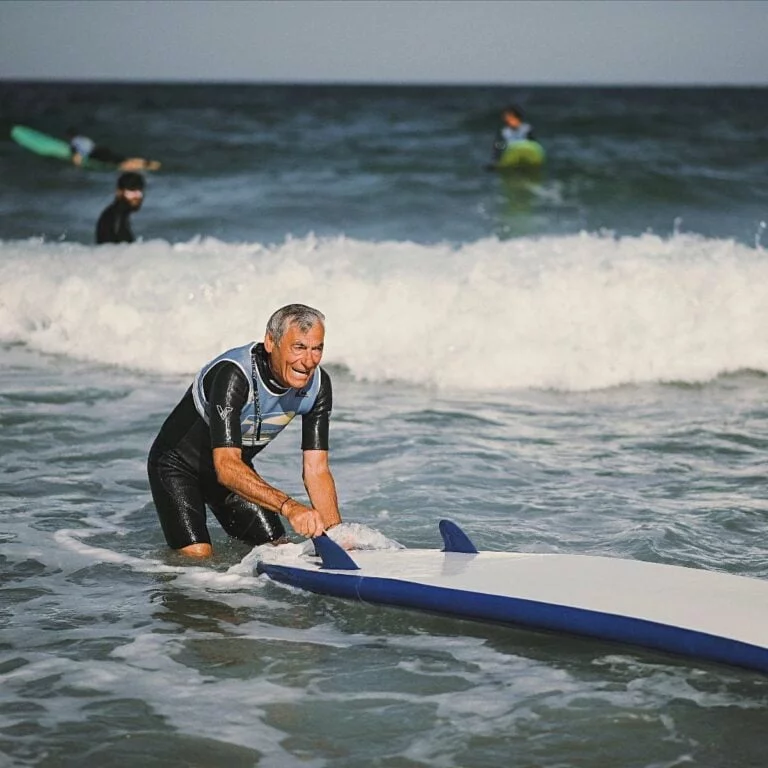 Une homme d’âge avancé ramasse sa planche de surf dans l’eau.